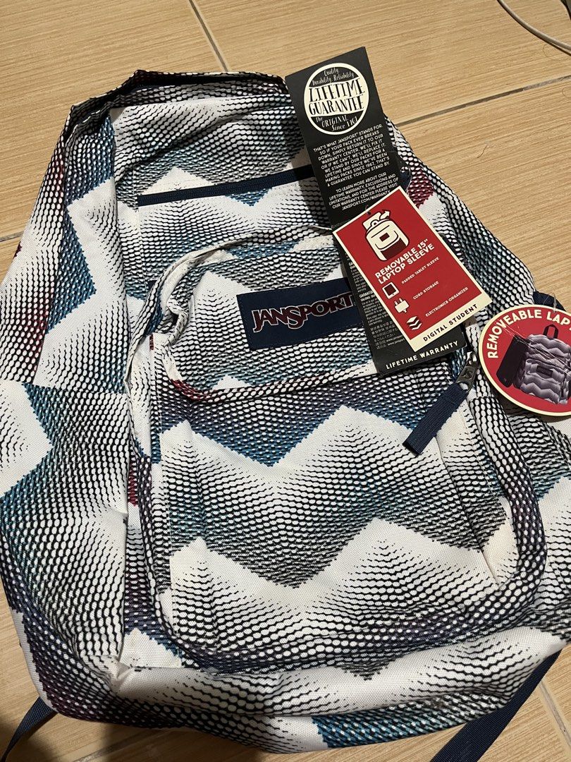 JanSport Digital Student Backpack Matrix Chevron (Category: Backpacks) located in Quezon City. Submitted by lovedbykarlaa (Listing ID 1467508642, Image 1). Description: - Brand: JanSport - Model: JS00T69D44H (Matrix Chevron, Blue & White) - Condition: Brand new with original tags, never used - Capacity: 2,319 cubic inches - Features: Removable 15-inch laptop sleeve and dedicated cord/electronics organizer - Ideal for daily commute, school, or tra