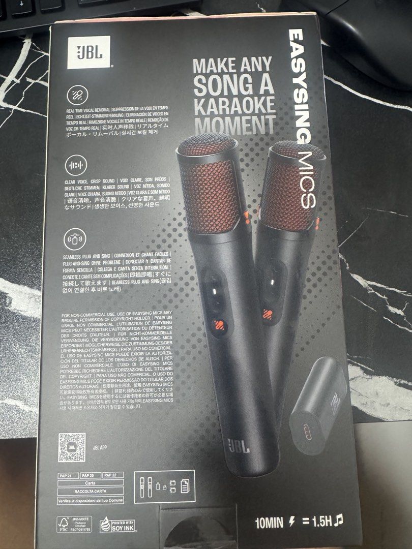 JBL EasySing Mics Wireless Karaoke Microphones Set (Category: Microphones) located in Manila. Submitted by CornerStore (Listing ID 1467589731, Image 2). Description: - JBL EasySing Wireless Karaoke Microphone Set (Dual mics with receiver included) - AI vocal removal feature for instant minus-one tracks - Crystal clear voice sound with seamless plug-and-play setup - Long-lasting 10-hour battery life with fast charging (10 mins charge = 1.5 hours p