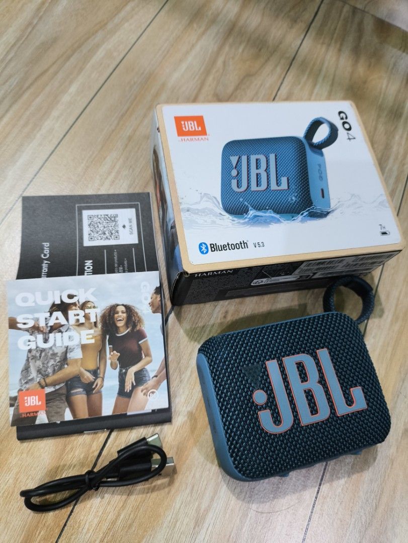 JBL Go 4 Portable Bluetooth Speaker Blue (Category: Soundbars, Speakers & Amplifiers) located in Manila. Submitted by jamilarag34702 (Listing ID 1467538252, Image 1). Description: JBL Go 4 portable bluetooth speaker in dark blue. Compact design with an integrated loop strap. Bluetooth version 5.3 inside. Original retail box, USB-C charging cable, quick start guide, and warranty card included. Fully packed setup, ready to use straight out of the b