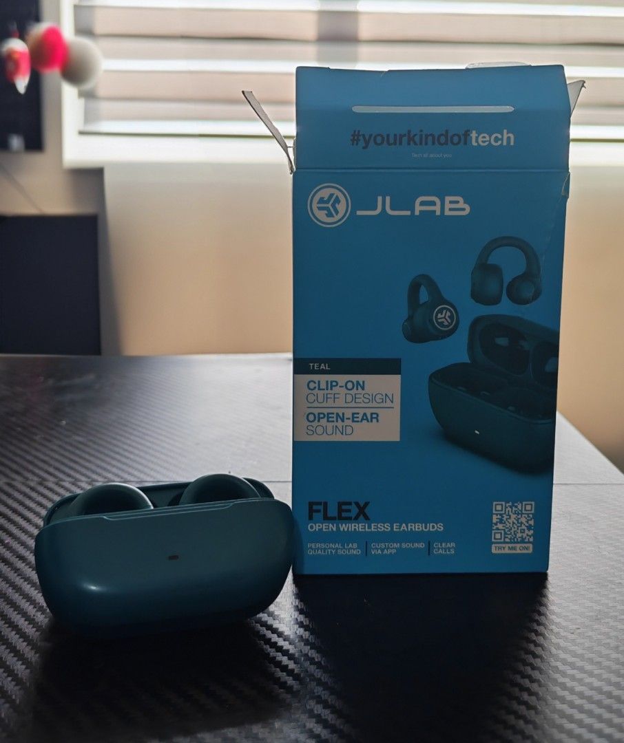 JLab Flex Open Earbuds Teal (Category: Earphones) located in San Pedro. Submitted by ajbuen (Listing ID 1467409061, Image 1). Description: Selling JLab Flex Open Earbuds Teal Bought July 26 2026 Issue: Damaged box RFS: Preferred Go Sport+ and seldomly use.