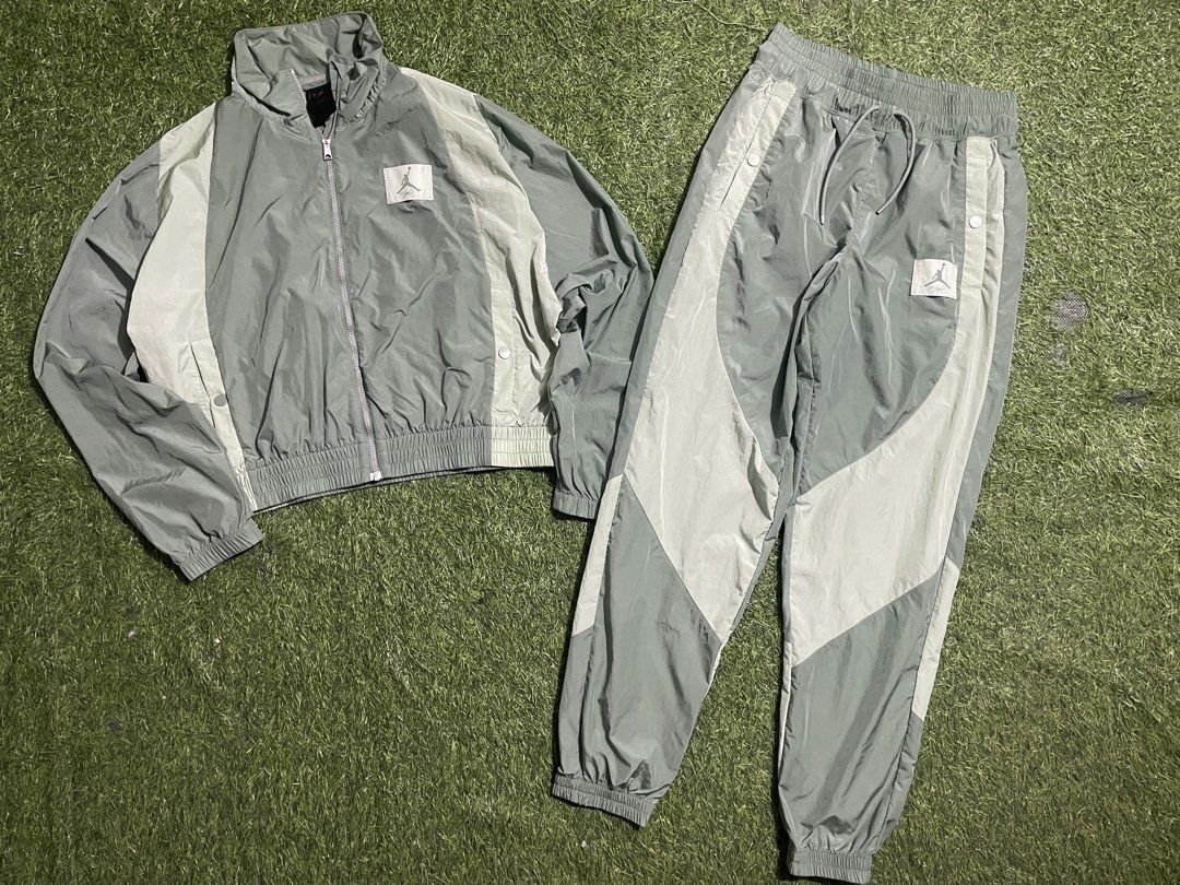 Jordan Flight Green Nylon Tracksuit Set (Category: Activewear) located in Las Pinas. Submitted by jynxdefant26140 (Listing ID 1467519156, Image 1). Description: - Authentic Jordan Flight tracksuit - Colorway: Sage green and light green - Size: Small (tag attached) - Material: Lightweight crinkle nylon - Jacket features: Full zip closure, stand collar, and elastic cuffs - Pants features: Elastic waistband with drawstrings and convenient side pocke