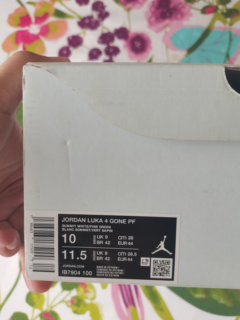 Jordan Luka 4 PF "Gone Ranching" (Category: Sneakers) located in Manila. Submitted by palmai659258190 (Listing ID 1467367763, Image 2). Description: - Model: Jordan Luka 4 Gone PF - Colorway: Summit White / Pine Green - Size: Men's US 10 / UK 9 / EUR 44 - Condition: Brand new with tags attached, includes original box - Details: Unique tongue pattern with green and yellow branding accents.