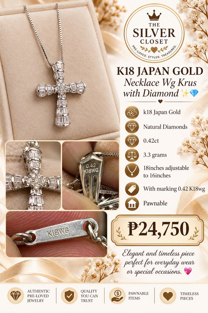 K18 Japan white Gold with Diamond (Category: Necklaces) located in Manila. Submitted by thesilverclosetph (Listing ID 1467433903, Image 1). Description: K18 Japan White Gold 18inches adjustable .