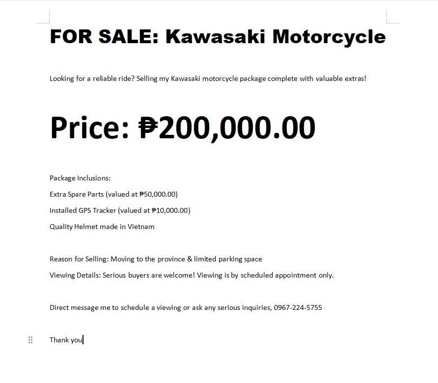 Kawasaki motorcycle (Category: Motorbikes for Sale) located in Makati City. Submitted by lynrtw (Listing ID 1467464912, Image 2). Description: Viewing .