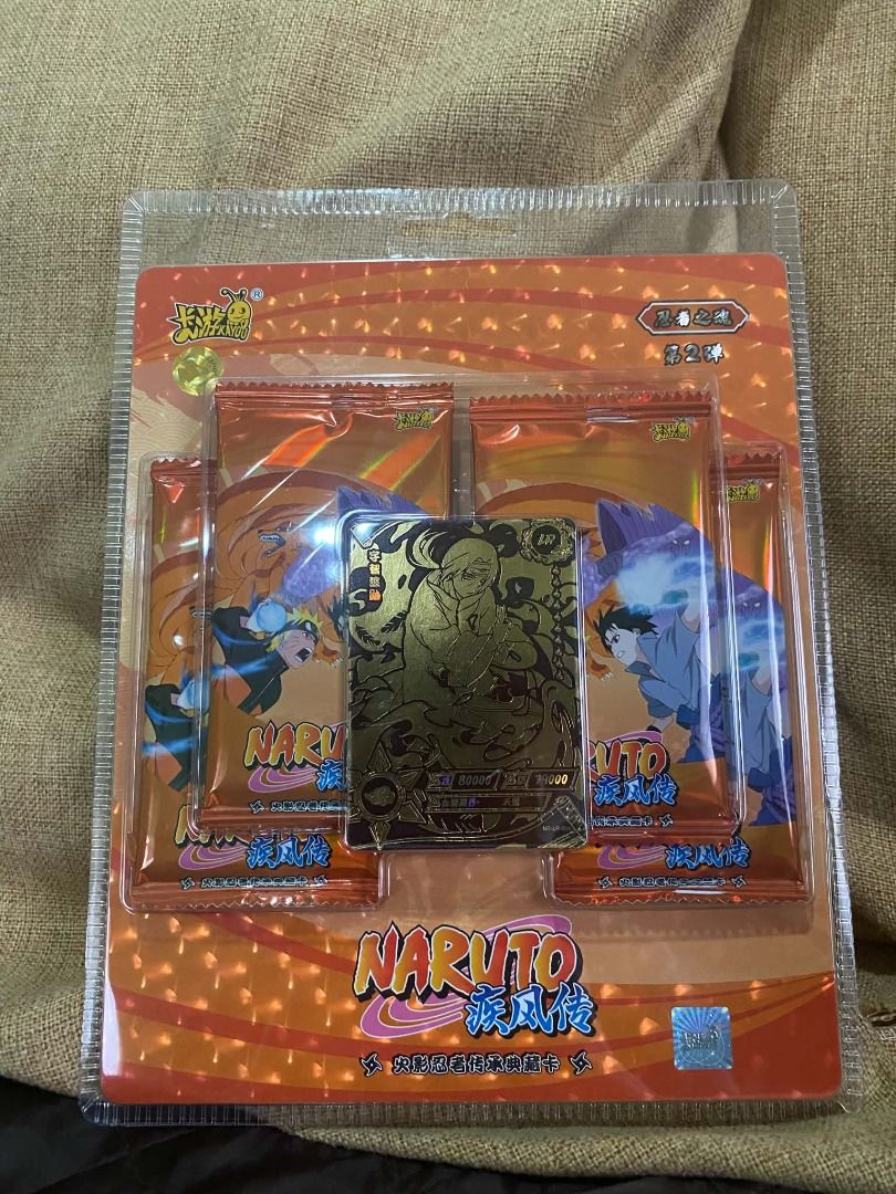 Kayou Naruto Blister Pack (Tier 4 Wave 2) (Category: Card Packs) located in Angeles City. Submitted by rickki_t (Listing ID 1467571696, Image 1). Description: Sealed Naruto Shippuden trading card blister pack from the second series. This collectible set includes multiple booster packs and a special gold-colored promo card featuring Itachi Uchiha. The packaging is in pristine condition, making it a great addition for any Naruto fan or card collect