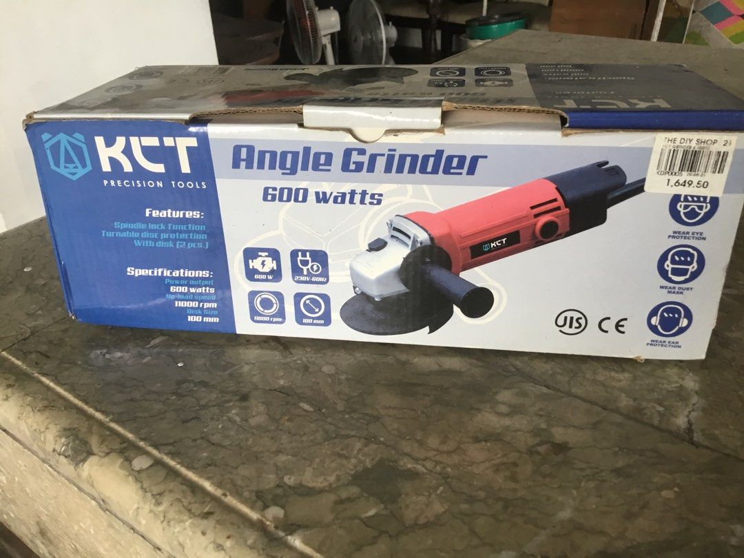 KCT Precision Tools Angle Grinder 600 Watts (Category: Construction Tools & Equipment) located in Manila. Submitted by roberto.enriquez (Listing ID 1467588577, Image 1). Description: - Brand: KCT Angle Grinder - Power: 600W (230V-60Hz) - Speed: 11000 RPM - Disk Size: 100mm - Features: Spindle lock function & turnable disc protection - Inclusions: Side handle and wrench tool - Packaging: Complete in original box.