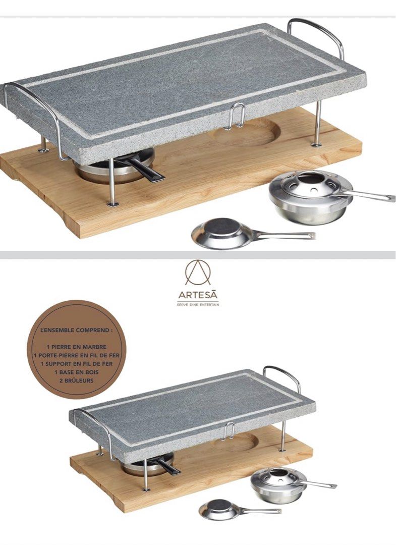 KitchenCraft Artesà Marble Hot Stone Grill Set (Category: Cookware & Accessories) located in Manila. Submitted by junmiller (Listing ID 1467398178, Image 3). Description: - Brand: KitchenCraft Artesà - Type: Table grill set with heavy marble cooking stone - Includes: Sturdy wooden base, wire stand, and two fuel burners - Perfect for: Tabletop cooking, steaks, and entertaining guests - Dimensions: 15 x 22 x 41.5 cm - Condition: Clean and great ove