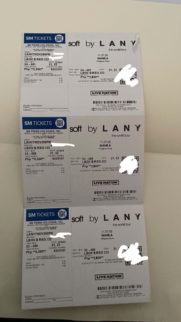 LANY SOFT CONCERT TICKETS (Category: Events Tickets) located in Caloocan City. Submitted by sailb (Listing ID 1467478547, Image 1). Description: Selling: LANY – The World Tour Ticket (3 tickets) 📅 November 7, 2026 🎟️ LBOX B REG 222 • Row 52 – 496 • Row 54 – 491 . Row 53 - 496 Original price: ₱5,500 Selling price: ₱4,500 nalang ✅ Already claimed tickets 📍 Meet-up: SM North or Legarda RFS: Decided not to push through anymore. PM if interested!.