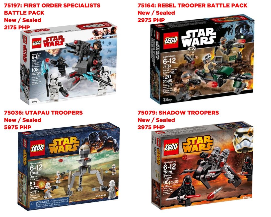 LEGO STAR WARS BATTLE PACKS BATCH 1 (Category: Lego & Building Sets) located in Quezon City. Submitted by pupaj (Listing ID 1467494605, Image 1). Description: LOCATION: Batasan QC area SHIPPING: Via Grab / Lalamove / GoGo Xpress / LBC / ABest Express / J&T Buyer can suggest other shipping options upon negotiation Shipping fee c/o buyer MODE OF PAYMENT: Via BDO / GCash / Maya / Maribank / COD Item is cross-posted PM for inquiries.