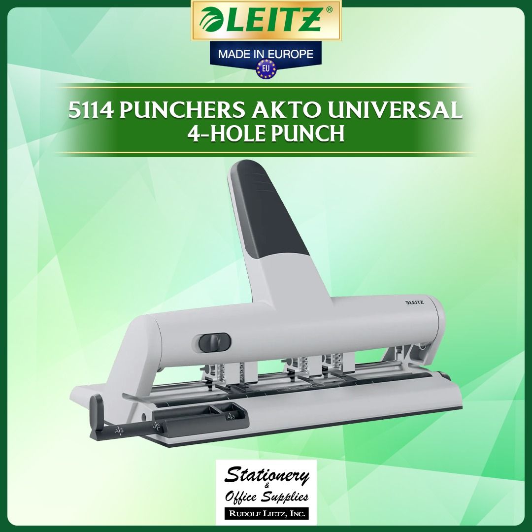 Leitz 5114 Akto Universal 4-Hole Punch (Category: Stationery & School Supplies) located in Paranaque City. Submitted by rudolflietzinc (Listing ID 1467396711, Image 1). Description: - Brand: Leitz Akto Universal Hole Punch - Capacity: Punches up to 30 sheets effortlessly - Build: Heavy-duty aluminum diecast with eco-friendly recycled plastic parts - Versatility: Adjustable clip system for up to 6 holes (includes 4 cutters), fits paper sizes from 