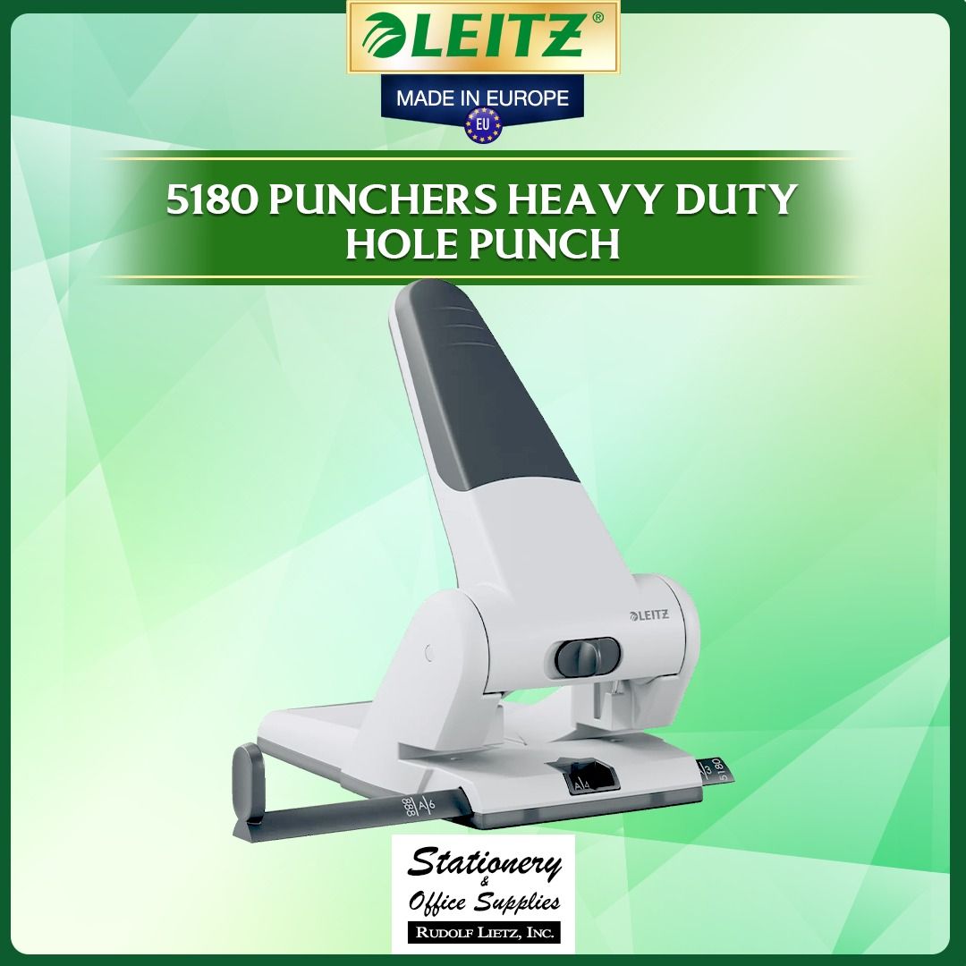 Leitz 5180 Heavy Duty Hole Punch (Category: Craft Supplies & Tools) located in Paranaque City. Submitted by rudolflietzinc (Listing ID 1467397138, Image 1). Description: - Authentic Leitz 5180 heavy duty hole punch, made in Europe - Effortlessly punches up to 65 sheets of 80g paper - Power-saving technology for smooth, easy operation - Adjustable paper guide with markings up to A3 size - Space-saving lockable handle for easy storage - Built-in ea