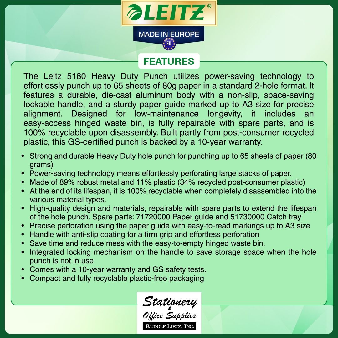 Leitz 5180 Heavy Duty Hole Punch (Category: Craft Supplies & Tools) located in Paranaque City. Submitted by rudolflietzinc (Listing ID 1467397138, Image 2). Description: - Authentic Leitz 5180 heavy duty hole punch, made in Europe - Effortlessly punches up to 65 sheets of 80g paper - Power-saving technology for smooth, easy operation - Adjustable paper guide with markings up to A3 size - Space-saving lockable handle for easy storage - Built-in ea