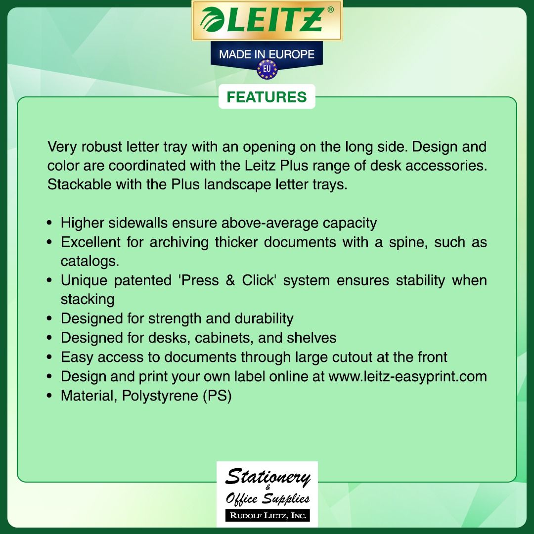 Leitz 5219 Stackable Plastic File Trays Letter Landscape (Category: Stationery & School Supplies) located in Paranaque City. Submitted by rudolflietzinc (Listing ID 1467397249, Image 2). Description: - Authentic Leitz 5219 stackable plastic file trays, made in Europe from durable polystyrene - Letter landscape format with higher sidewalls for above-average capacity (ideal for thick catalogs and spine documents) - Unique patented Press & Click sys
