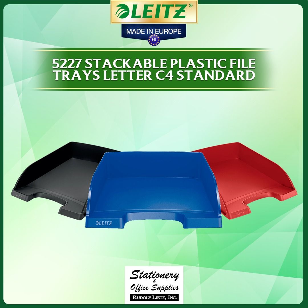 Leitz 5227 Stackable Plastic File Tray Letter C4 Standard (Category: Stationery & School Supplies) located in Paranaque City. Submitted by rudolflietzinc (Listing ID 1467397495, Image 1). Description: - Authentic Leitz 5227 stackable file trays made in Europe - Fits standard Letter and C4 size documents - Made from durable, heavy-duty polystyrene material - Flexible modular design allows for vertical or stepped stacking - Higher sidewalls provide