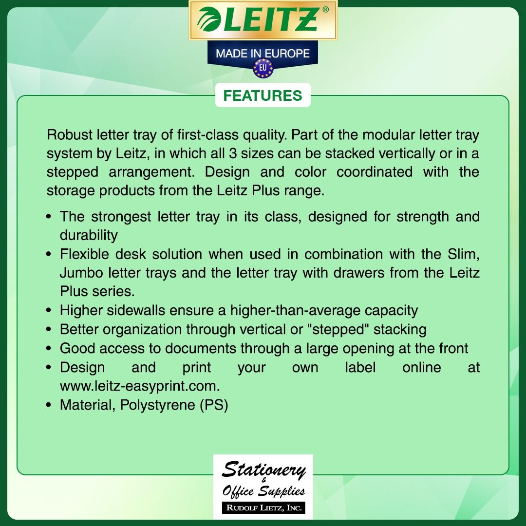 Leitz 5227 Stackable Plastic File Tray Letter C4 Standard (Category: Stationery & School Supplies) located in Paranaque City. Submitted by rudolflietzinc (Listing ID 1467397495, Image 2). Description: - Authentic Leitz 5227 stackable file trays made in Europe - Fits standard Letter and C4 size documents - Made from durable, heavy-duty polystyrene material - Flexible modular design allows for vertical or stepped stacking - Higher sidewalls provide