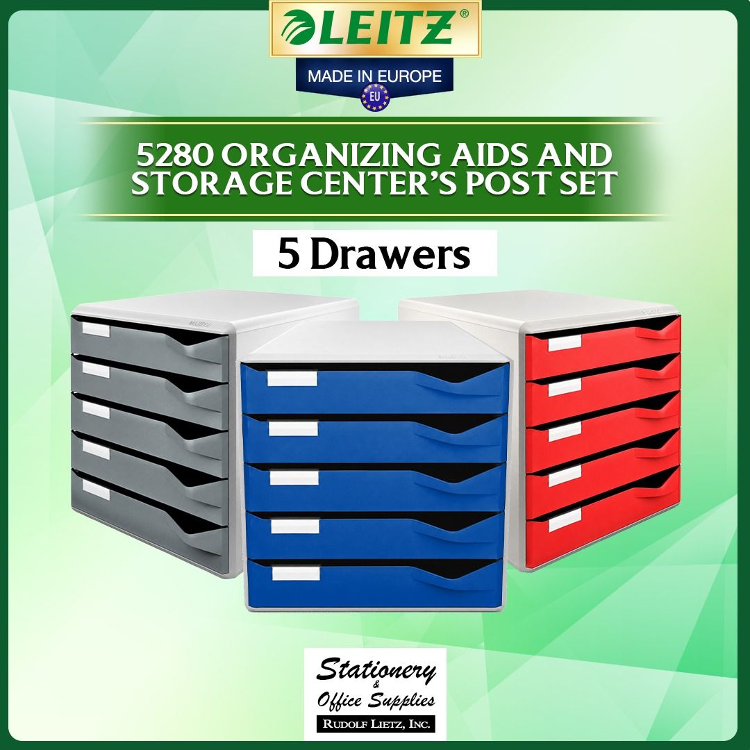 Leitz 5280 Organizing Aids 5 Drawers Storage Center Post Set (Category: Shelves, Cabinets & Racks) located in Paranaque City. Submitted by rudolflietzinc (Listing ID 1467397676, Image 1). Description: - Premium Leitz storage unit made in Europe - 5 easy-sliding drawers with a unique push-to-close security system - Includes label holders and custom labels for easy document sorting - Anti-slip rubber feet to protect your desk and surfaces - Stackab