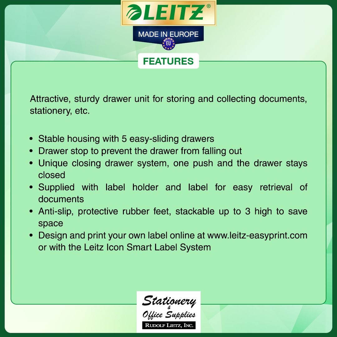 Leitz 5280 Organizing Aids 5 Drawers Storage Center Post Set (Category: Shelves, Cabinets & Racks) located in Paranaque City. Submitted by rudolflietzinc (Listing ID 1467397676, Image 2). Description: - Premium Leitz storage unit made in Europe - 5 easy-sliding drawers with a unique push-to-close security system - Includes label holders and custom labels for easy document sorting - Anti-slip rubber feet to protect your desk and surfaces - Stackab