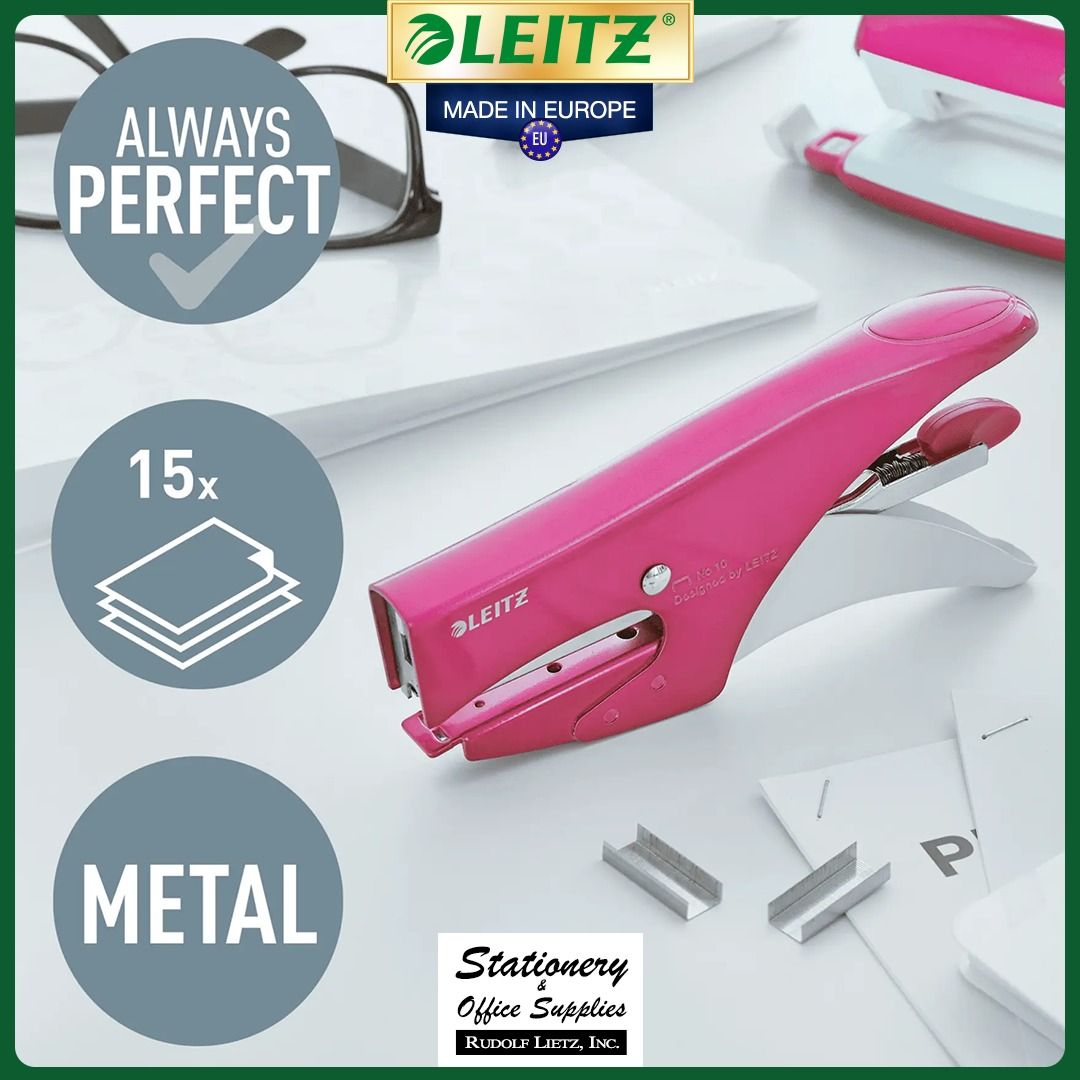Leitz 5531 WOW Stapler Pliers Back Loader (Category: Stationery & School Supplies) located in Paranaque City. Submitted by rudolflietzinc (Listing ID 1467397953, Image 3). Description: - Authentic Leitz 5531 stapler pliers in vibrant WOW colors - Staples up to 15 sheets of 80 gsm paper smoothly - Uses standard Leitz Power Performance P2 No. 10 staples - Traditional back-loading design with a 49.5 mm insertion depth - Premium metal construction ma