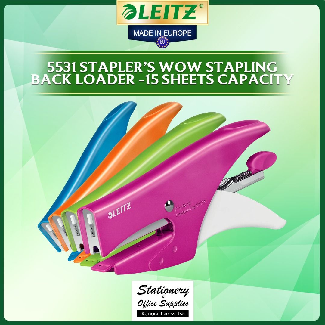 Leitz 5531 WOW Stapler Pliers Back Loader (Category: Stationery & School Supplies) located in Paranaque City. Submitted by rudolflietzinc (Listing ID 1467397953, Image 1). Description: - Authentic Leitz 5531 stapler pliers in vibrant WOW colors - Staples up to 15 sheets of 80 gsm paper smoothly - Uses standard Leitz Power Performance P2 No. 10 staples - Traditional back-loading design with a 49.5 mm insertion depth - Premium metal construction ma