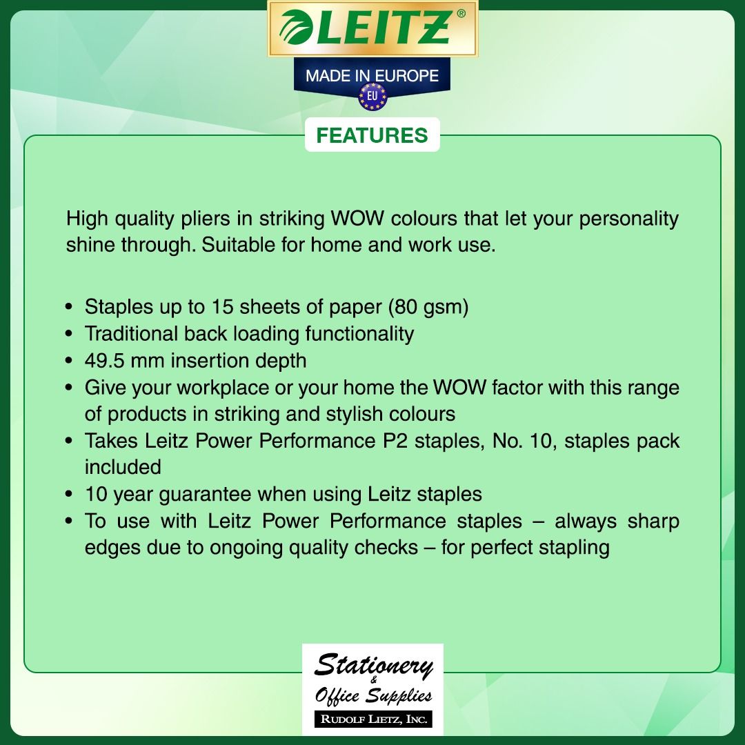 Leitz 5531 WOW Stapler Pliers Back Loader (Category: Stationery & School Supplies) located in Paranaque City. Submitted by rudolflietzinc (Listing ID 1467397953, Image 2). Description: - Authentic Leitz 5531 stapler pliers in vibrant WOW colors - Staples up to 15 sheets of 80 gsm paper smoothly - Uses standard Leitz Power Performance P2 No. 10 staples - Traditional back-loading design with a 49.5 mm insertion depth - Premium metal construction ma
