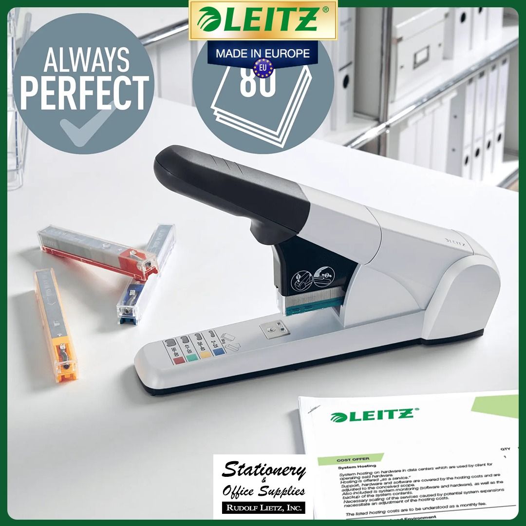 Leitz 5551 Heavy Duty Stapler (Category: Stationery & School Supplies) located in Paranaque City. Submitted by rudolflietzinc (Listing ID 1467398226, Image 3). Description: - Authentic heavy-duty Leitz 5551 stapler, made in Europe - Staples 2 up to 80 sheets of paper with ease - Uses 4 color-coded staple cassettes (K6, K8, K10, K12) - Spring-loaded button pops open the wire magazine instantly - Eco-friendly build: 47% recycled plastic and 80% rec