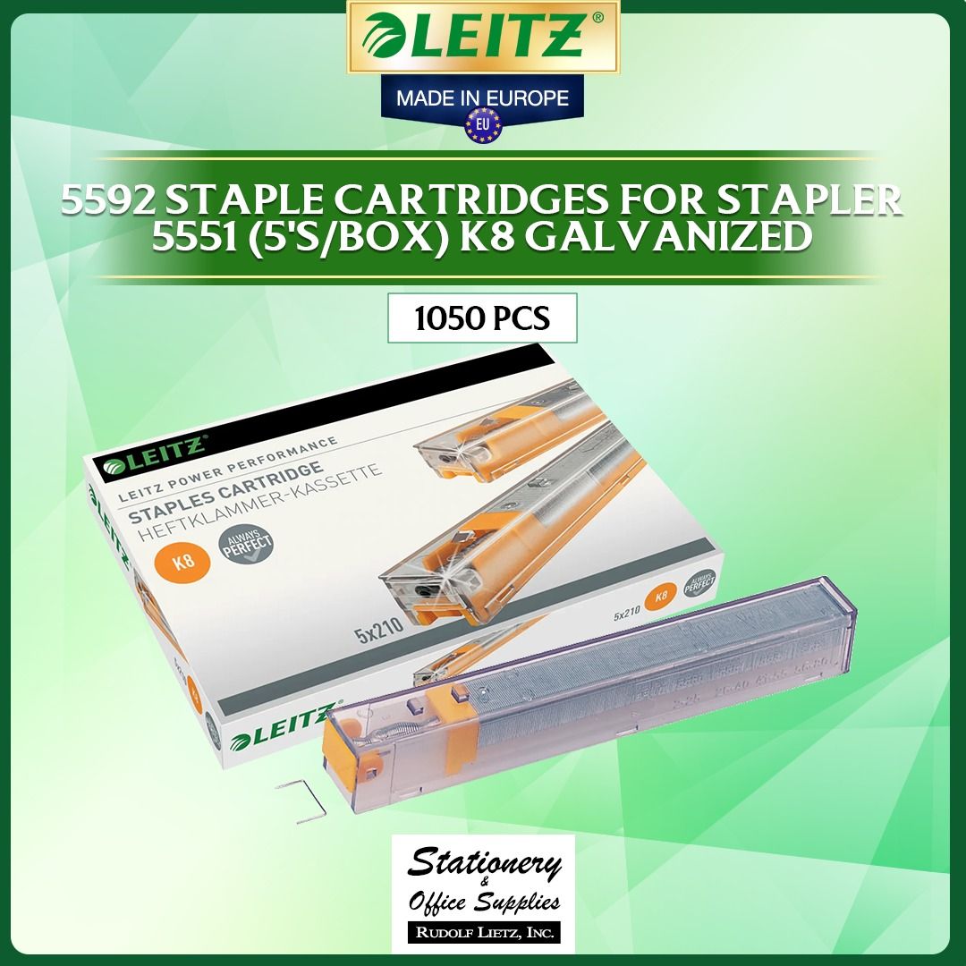 Leitz 5592 Staple Cartridges K8 Galvanized 5s Box (Category: Stationery & School Supplies) located in Paranaque City. Submitted by rudolflietzinc (Listing ID 1467398848, Image 1). Description: - Authentic Leitz 5592 staple cartridges, made in Europe - Compatible with Leitz 5551 staplers - Box contains 5 packs with 210 staples each (1,050 pieces total) - 26/8 type with durable 8 mm leg length - Made of strong galvanized steel - Heavy-duty: staples