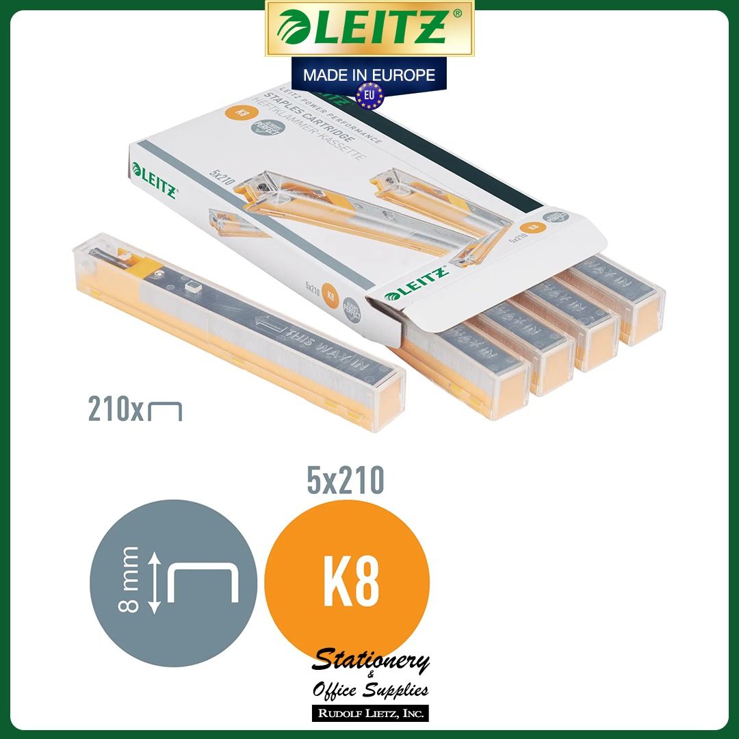 Leitz 5592 Staple Cartridges K8 Galvanized 5s Box (Category: Stationery & School Supplies) located in Paranaque City. Submitted by rudolflietzinc (Listing ID 1467398848, Image 3). Description: - Authentic Leitz 5592 staple cartridges, made in Europe - Compatible with Leitz 5551 staplers - Box contains 5 packs with 210 staples each (1,050 pieces total) - 26/8 type with durable 8 mm leg length - Made of strong galvanized steel - Heavy-duty: staples