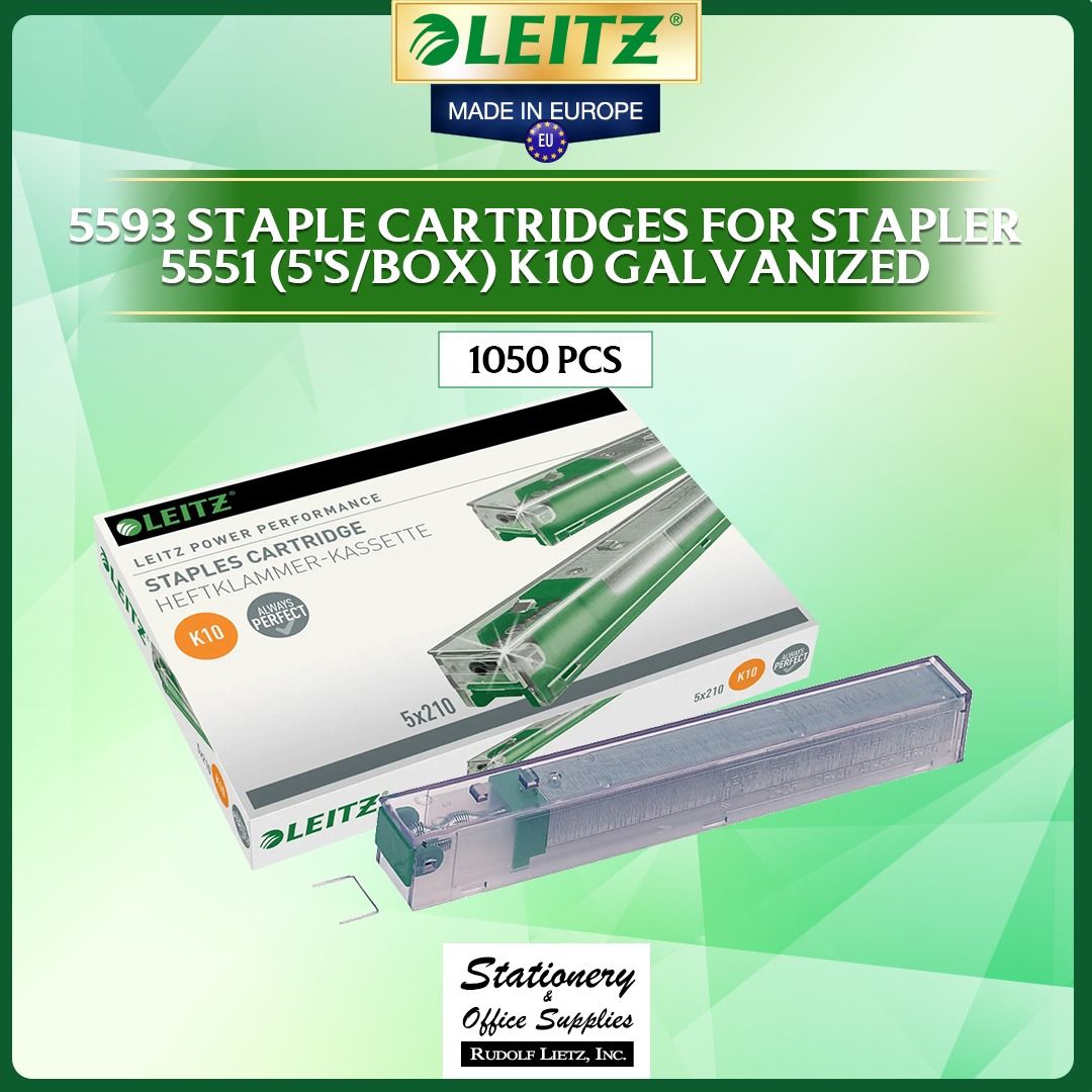 Leitz 5593 Staple Cartridges K10 Galvanized 1050 Pcs (Category: Stationery & School Supplies) located in Paranaque City. Submitted by rudolflietzinc (Listing ID 1467398941, Image 1). Description: Leitz staple cartridges model 5593, K10 galvanized type. Box contains 5 packs, 210 staples each, total 1050 pieces. 10 mm leg length. Staples up to 55 sheets of 80 gsm paper. Designed for Leitz 5551 heavy duty stapler. Made in Europe..