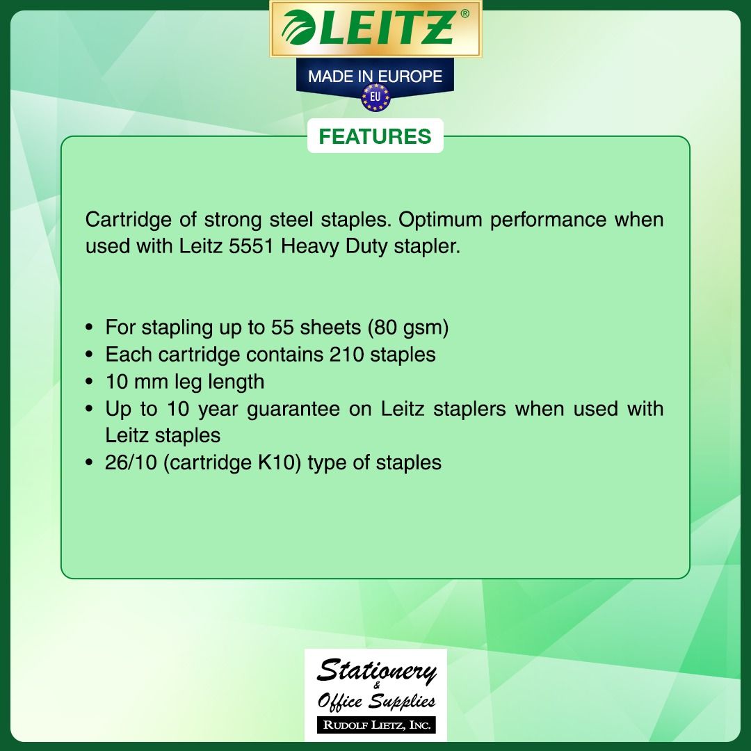 Leitz 5593 Staple Cartridges K10 Galvanized 1050 Pcs (Category: Stationery & School Supplies) located in Paranaque City. Submitted by rudolflietzinc (Listing ID 1467398941, Image 2). Description: Leitz staple cartridges model 5593, K10 galvanized type. Box contains 5 packs, 210 staples each, total 1050 pieces. 10 mm leg length. Staples up to 55 sheets of 80 gsm paper. Designed for Leitz 5551 heavy duty stapler. Made in Europe..