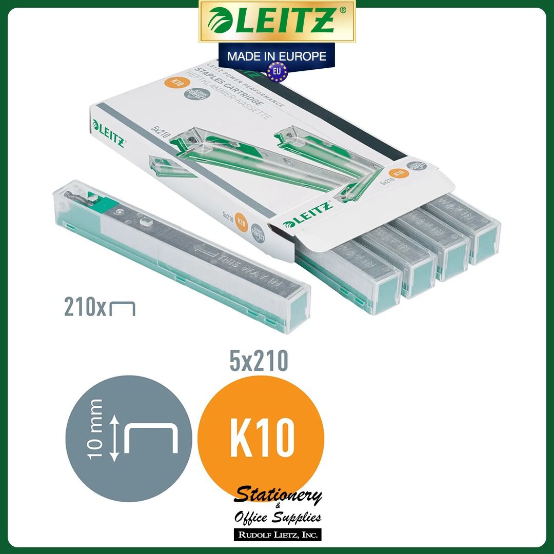 Leitz 5593 Staple Cartridges K10 Galvanized 1050 Pcs (Category: Stationery & School Supplies) located in Paranaque City. Submitted by rudolflietzinc (Listing ID 1467398941, Image 3). Description: Leitz staple cartridges model 5593, K10 galvanized type. Box contains 5 packs, 210 staples each, total 1050 pieces. 10 mm leg length. Staples up to 55 sheets of 80 gsm paper. Designed for Leitz 5551 heavy duty stapler. Made in Europe..