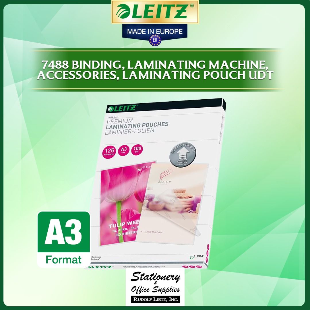 Leitz 7488 Binding Laminating Machine Accessories Laminating Pouch UDT (Category: Craft Supplies & Tools) located in Paranaque City. Submitted by rudolflietzinc (Listing ID 1467399770, Image 1). Description: - Brand: Leitz 7488 binding and laminating machine - Includes: 100 sheets of A3 premium laminating pouches - Thickness & Finish: 125 microns with gloss finish - Technology: Unique direction arrows prevent jams and disappear during lamination 