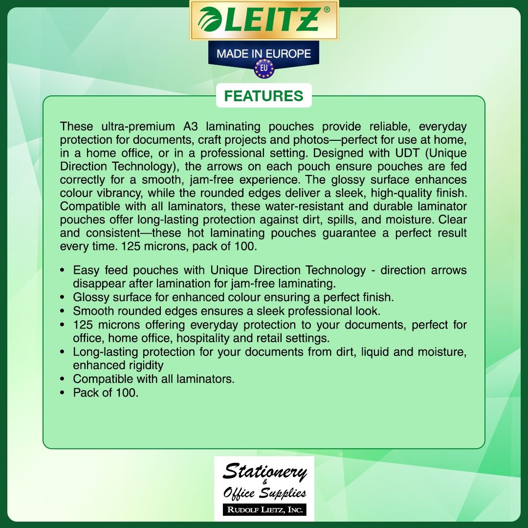 Leitz 7488 Binding Laminating Machine Accessories Laminating Pouch UDT (Category: Craft Supplies & Tools) located in Paranaque City. Submitted by rudolflietzinc (Listing ID 1467399770, Image 2). Description: - Brand: Leitz 7488 binding and laminating machine - Includes: 100 sheets of A3 premium laminating pouches - Thickness & Finish: 125 microns with gloss finish - Technology: Unique direction arrows prevent jams and disappear during lamination 