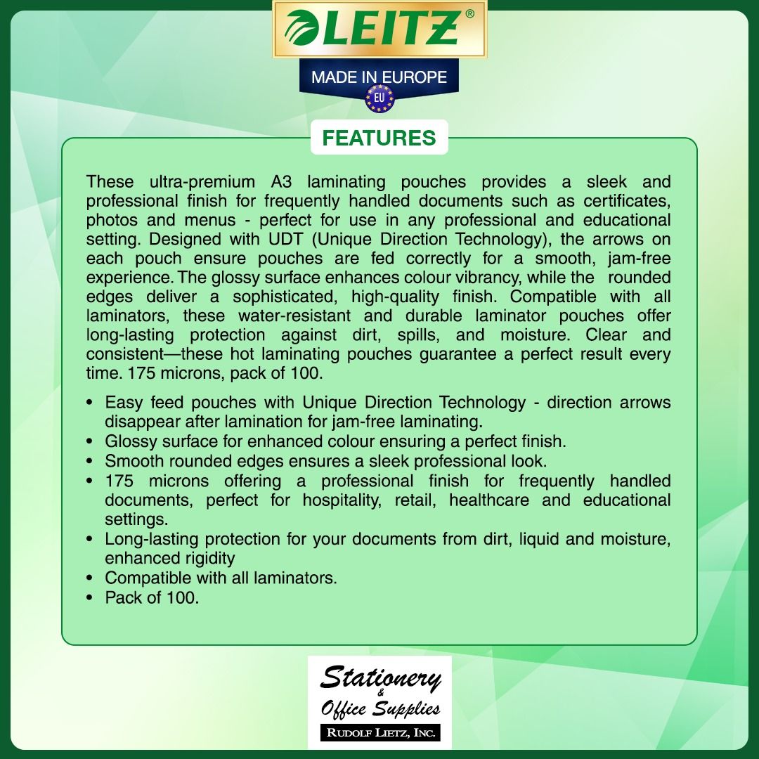 Leitz A3 Premium Laminating Pouches 175 Microns 100 pcs (Category: Craft Supplies & Tools) located in Paranaque City. Submitted by rudolflietzinc (Listing ID 1467399850, Image 2). Description: - Brand: Leitz A3 Laminating Pouches - Thickness: 175 microns for heavy-duty protection - Quantity: 100 pieces per pack - Finish: Glossy finish to keep colors vibrant - Protection: Guards against spills, dirt, and moisture - Anti-Jam Tech: Includes directio