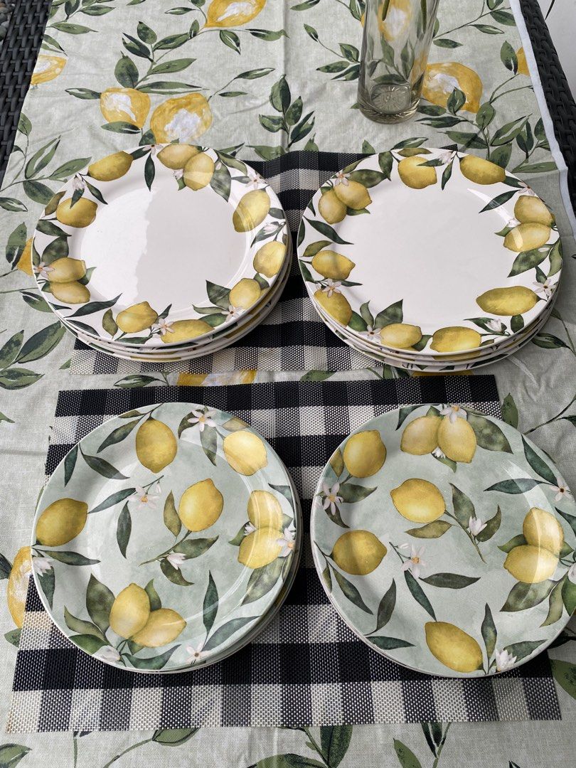 Lemon Print Ceramic Dinner Plates Set (Category: Dinnerware & Cutlery) located in Paranaque City. Submitted by puhshop (Listing ID 1467423143, Image 1). Description: - 2 SETS. 1 set never used /1 set barely used of 4 ceramic dinner plates and 4 ceramic salad plates for summer dining or table styling. BICO - Includes 4 plates with white centers and a lemon border - Includes 4 plates with a sage green background and watercolor lemons and blossoms -