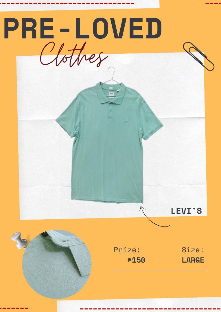 Levi's Green Polo Shirt Large (Category: Tshirts & Polo Shirts ) located in Manila. Submitted by andwiyaa (Listing ID 1467434959, Image 1). Description: - Brand: Levi's - Color: Green - Size: Large - Material: Soft cotton - Fit: Regular fit - Features: Classic collar neckline, button placket, short sleeves - Condition/Style: Casual staple piece, easy to match with jeans or shorts.