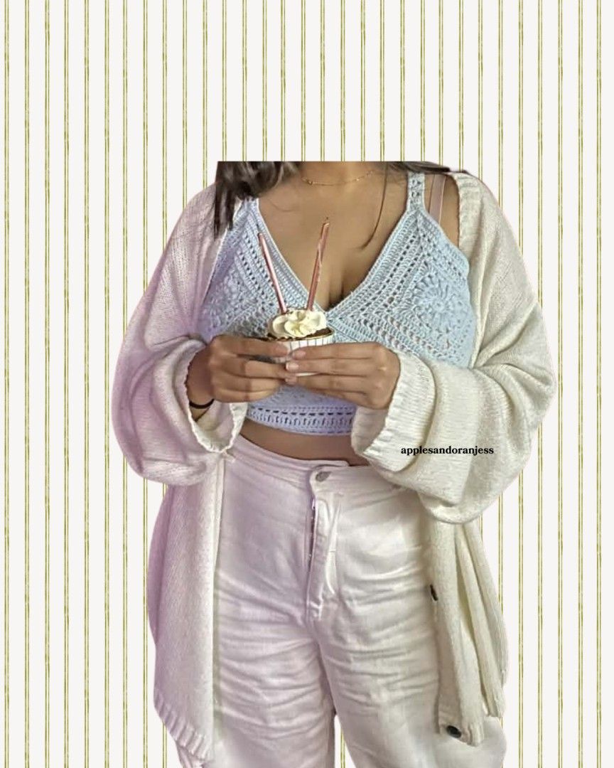 Light Blue Crochet Bralette Tank Top (Category: Sleeveless) located in Quezon City. Submitted by applesandoranjess (Listing ID 1467422055, Image 2). Description: Handmade light blue crochet bralette top Size: 34-38" bust stretchable material top still needs bralette underneath to cover gaps between stitches. rfs: decluttering 💳 MOP: GCash/BPI 📦 Shipping Fee to be shouldered by buyer 🚚 lalamove or grab delivery only 📍QC.