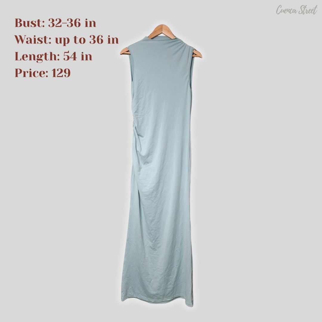 Light Blue Sleeveless Maxi Dress (Category: Dresses) located in Bulacan. Submitted by cuencastreet (Listing ID 1467570593, Image 1). Description: - Sleeveless maxi dress with mock neck and draped side detail - Fit: Bust 32 to 36 inches, waist up to 36 inches - Length: 54 inches - Stretchy, super comfortable - Perfect for casual day outs or dinner dates 📏 Price & Size/measurements are indicated in each photo. ✨ Most items are in good to excellent