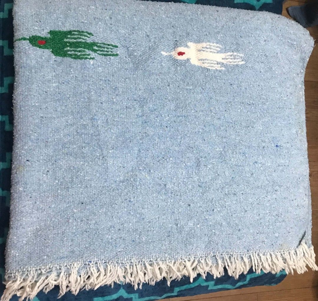 Light blue woven with colorful bird patterns (Category: Bedding & Towels) located in Imus. Submitted by stop_shop7 (Listing ID 1467439972, Image 1). Description: - Color: Light blue with colorful embroidered bird motifs - Details: White fringe along the edges - Material & Feel: Soft woven texture - Need wash, washable stain.