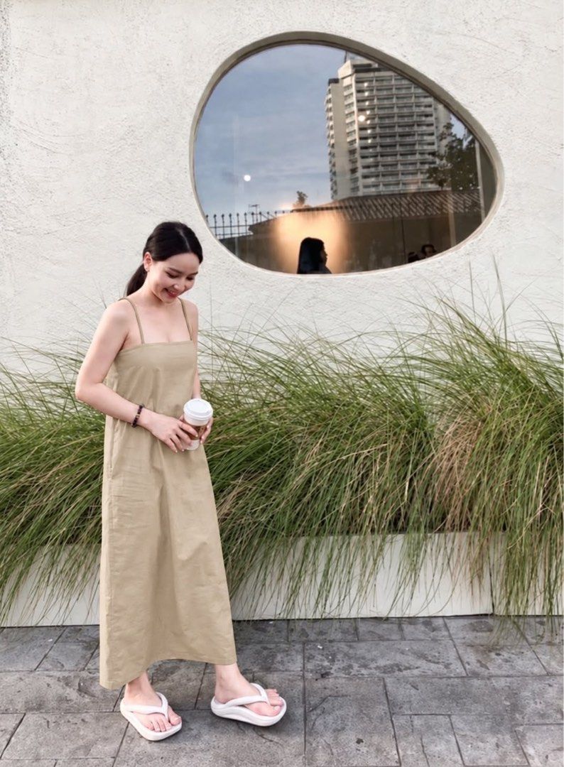 Light Brown Linen Spaghetti Strap Midi Dress (Category: Dresses) located in Iloilo. Submitted by dabyladaby2 (Listing ID 1467364396, Image 1). Description: From Thailand *with a little oil stain (see picture) with side pockets With lining inside Chest -37cm Hips-44cm Length-90cm Adjustable Straps- 43cm.