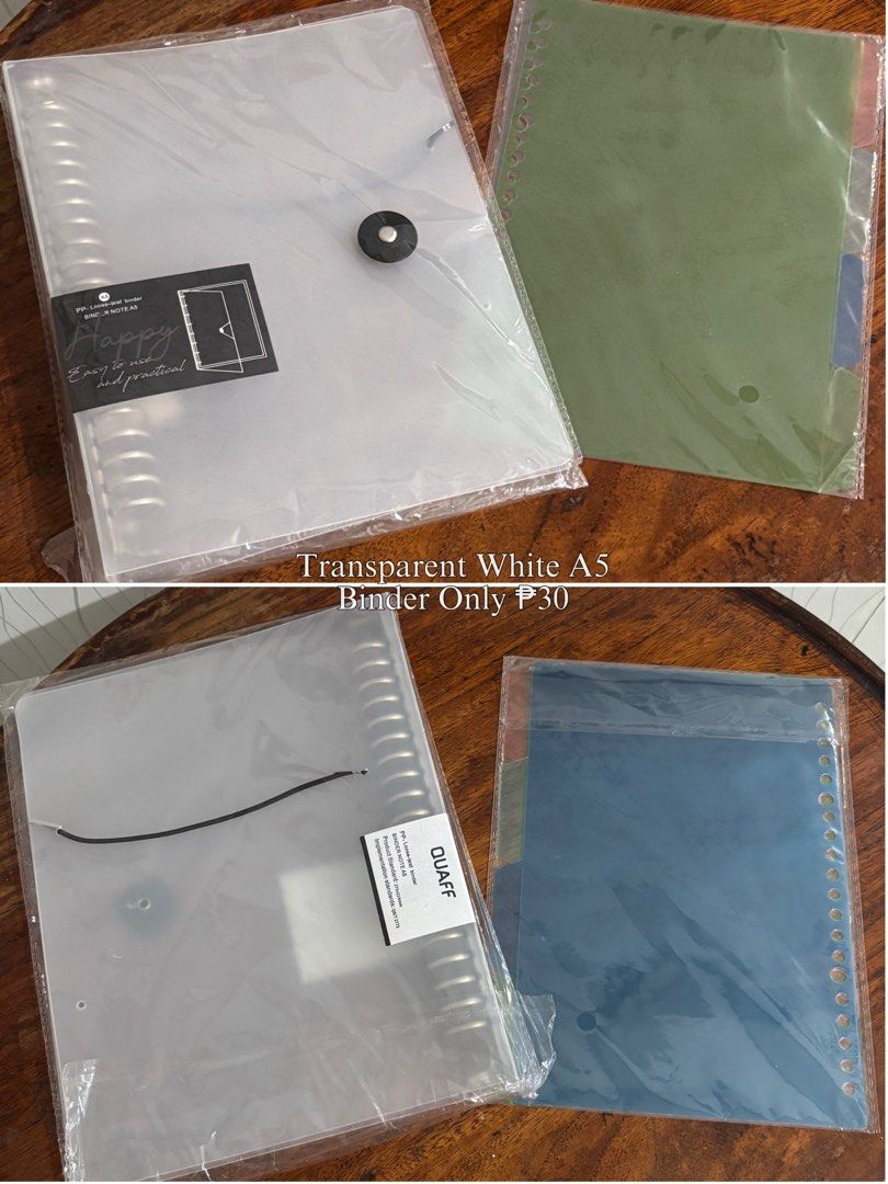 Light Gray A5 Binder Bundle and Transparent White Binder (Category: Stationery & School Supplies) located in Paranaque City. Submitted by shopwithshan_ (Listing ID 1467503401, Image 2). Description: 1. Light Gray A5 Binder Bundle (₱170) ⋆.𐙚 ̊ Description: • Unused, unopened, and sealed in original plastic packaging • Light Gray A5 loose-leaf refillable binder • Includes 3 packs of A5 lined refill paper (60 sheets total) • FREE 6-piece pastel ind