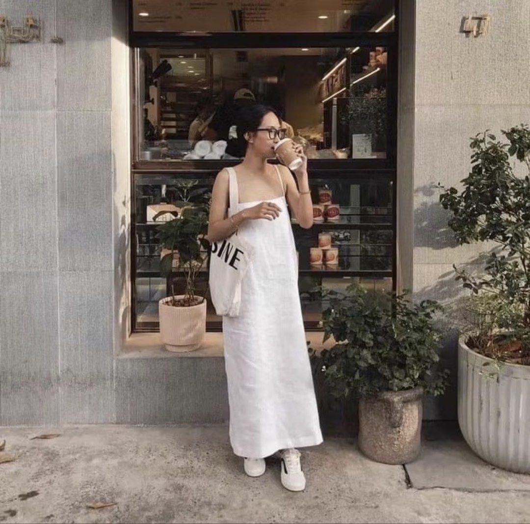 Linen Offwhite Spagetti Strap Midi Dress (Category: Dresses) located in Iloilo. Submitted by dabyladaby2 (Listing ID 1467363671, Image 1). Description: Linen fromThailand With 2 side pocket With lining inside Chest- 41 cm in Hips -47 cm in Length- 91cm Adjustable Starps- 44cm .