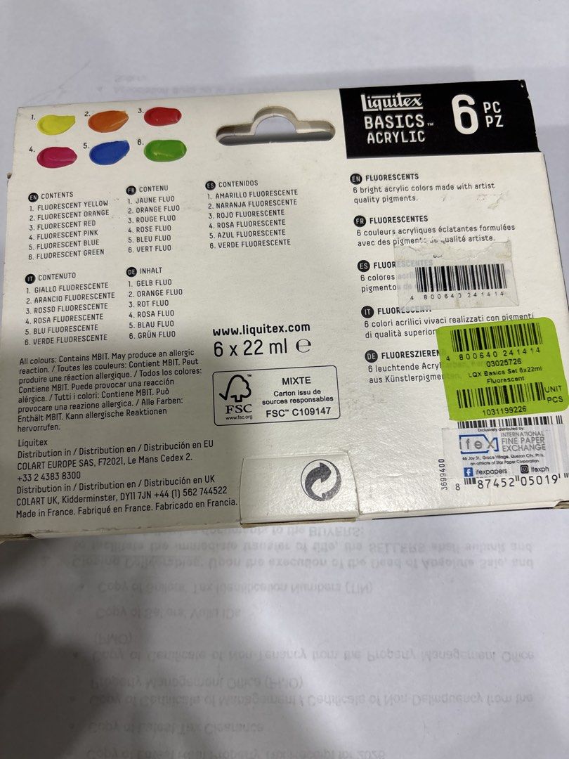 Liquitex Basics Acrylic Fluorescent Colors 6x22ml (Category: Craft Supplies & Tools) located in Mandaluyong City. Submitted by clothescarousel (Listing ID 1467540992, Image 2). Description: - Brand: Liquitex Basics - Condition: Brand new, unopened in original box - Set includes: 6 fluorescent color tubes (22ml each) - Colors: Fluorescent Yellow, Orange, Red, Pink, Blue, and Green - Quality: Bright artist-quality pigments ideal for all your creati