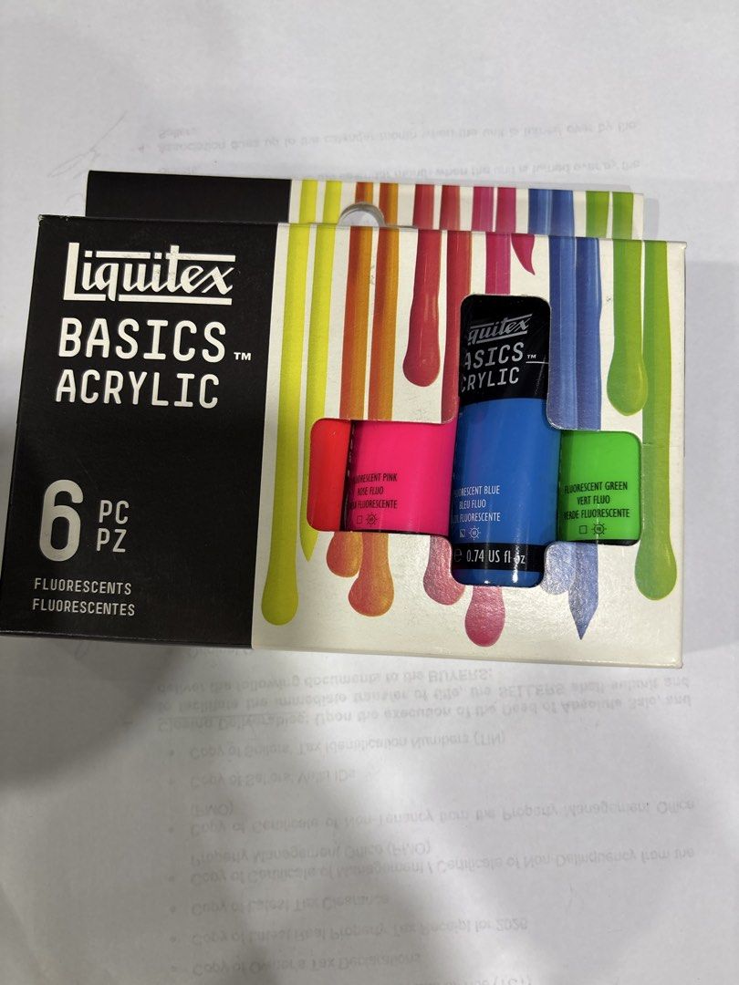 Liquitex Basics Acrylic Fluorescent Colors 6x22ml (Category: Craft Supplies & Tools) located in Mandaluyong City. Submitted by clothescarousel (Listing ID 1467540992, Image 1). Description: - Brand: Liquitex Basics - Condition: Brand new, unopened in original box - Set includes: 6 fluorescent color tubes (22ml each) - Colors: Fluorescent Yellow, Orange, Red, Pink, Blue, and Green - Quality: Bright artist-quality pigments ideal for all your creati