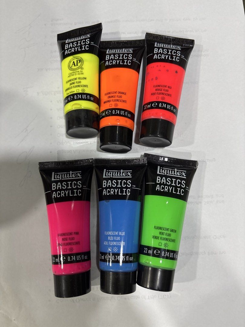 Liquitex Basics Acrylic Fluorescent Colors 6x22ml (Category: Craft Supplies & Tools) located in Mandaluyong City. Submitted by clothescarousel (Listing ID 1467540992, Image 3). Description: - Brand: Liquitex Basics - Condition: Brand new, unopened in original box - Set includes: 6 fluorescent color tubes (22ml each) - Colors: Fluorescent Yellow, Orange, Red, Pink, Blue, and Green - Quality: Bright artist-quality pigments ideal for all your creati