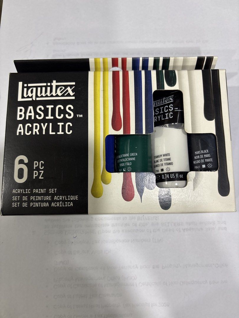 Liquitex Basics Acrylic Paint Set 6 Pieces (Category: Art & Prints) located in Mandaluyong City. Submitted by clothescarousel (Listing ID 1467490957, Image 1). Description: - Brand new and unopened Liquitex Basics acrylic paint set - Includes 6 standard artist-quality colors: Primary Yellow, Primary Red, Primary Blue, Phthalo Green, Titanium White, and Mars Black - Tube size: 0.74 US fl oz each - Perfect for beginners and experienced artists alik