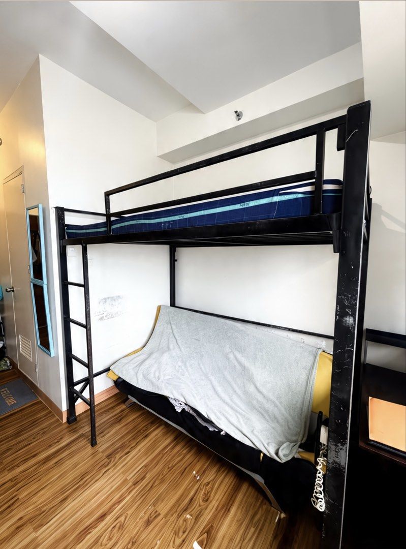 LOFT BED - DOUBLE SIZE ‼️ RUSH SALE ‼️ (Category: Bed Frames & Mattresses) located in Quezon City. Submitted by cj.bonifacio (Listing ID 1467450577, Image 1). Description: DOUBLE SIZE LOFT BED FOR SALE (MOVING OUT) ✅ Metal Bed coated with Black Paint ✅ Very Durable (Free Refund for 15 Days) ✅ 54 x 75 inches (Double Bed) ✅ Uratex Mattress ✅ Bought in Mandaue Foam (Shaw) ✅ Used for 11 months only for Boards Review ₱6,990 - Metal Bed Frame ONLY ₱7,9