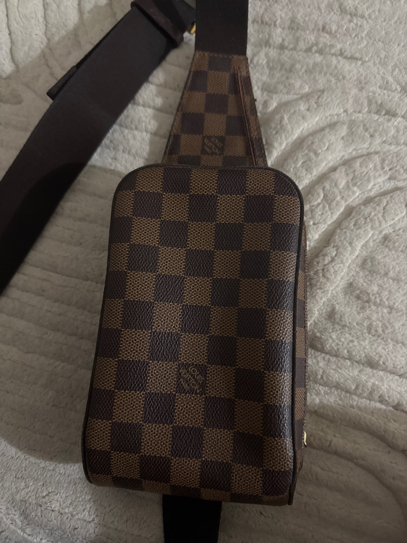 Louis Vuitton Geronimos Damier Ebene Sling Bag (Category: Luxury Bags & Wallets) located in Manila. Submitted by sunnysells08 (Listing ID 1467574260, Image 3). Description: - Authentic Louis Vuitton Geronimos sling bag in Damier Ebene canvas - Classic brown checkered pattern with gold-tone hardware - Secure top zip closure - Comfortable, adjustable dark brown fabric strap for crossbody wear - Compact size, ideal for daily errands and travel - Wit