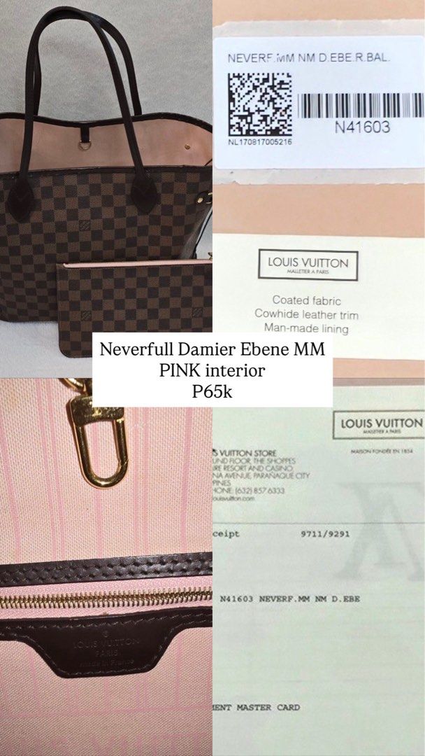 Louis Vuitton Neverfull MM Damier Ebene Pink (Category: Luxury Bags & Wallets) located in Caloocan City. Submitted by kimmndza_176 (Listing ID 1467512330, Image 3). Description: - Authentic Louis Vuitton Neverfull MM in classic Damier Ebene canvas - Features a chic pink interior lining with a striped textile design - Includes the matching detachable pouch - Accented with cowhide leather trim and gold-tone hardware - Practical interior zip pocket 