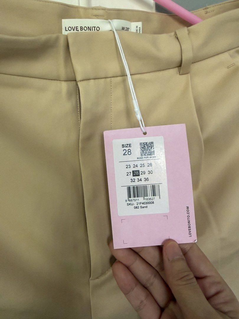 Love Bonito Sand Pants Size 28 (Category: Jeans) located in Zamboanga. Submitted by attyjasc (Listing ID 1467479933, Image 3). Description: - Brand: Love Bonito - Color: Sand - Size: Waist 28 - Condition: Brand new, never worn with original store and fabric tags attached - Fit & Details: Tailored fit, stylish pleated front, and trendy folded cuffs at the hem.