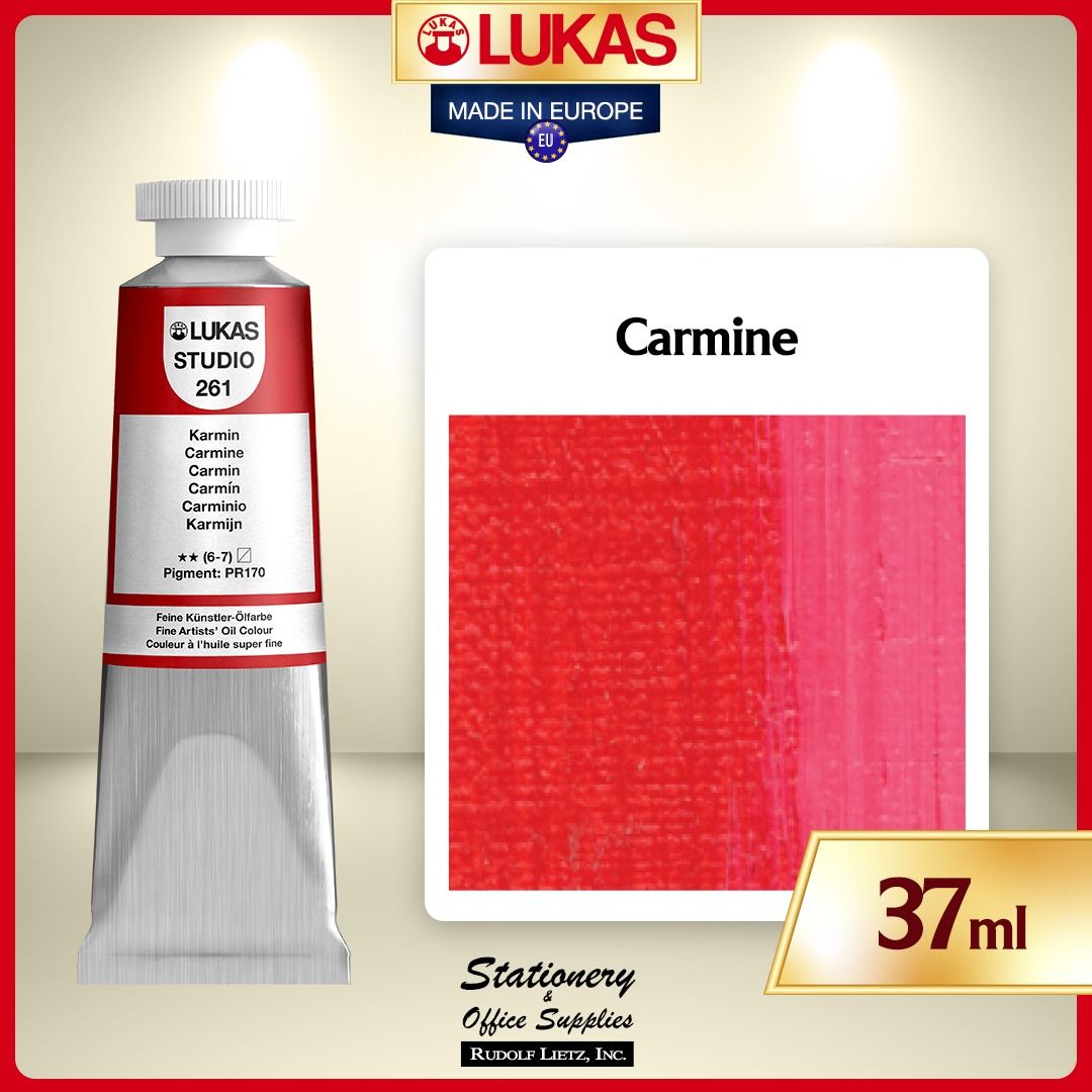 LUKAS Studio Oil Colour Carmine 37ml (Category: Art & Prints) located in Paranaque City. Submitted by rudolflietzinc (Listing ID 1467470865, Image 1). Description: - Brand/Model: LUKAS Studio Oil Paint - Color: Carmine - Size: 37ml tube - Origin: Made in Europe - Composition: Triple-milled pigments with bleached beeswax - Texture: Smooth, buttery consistency with rich color intensity - Drying Time: 2 to 4 days - Lightfastness: Dependable and long